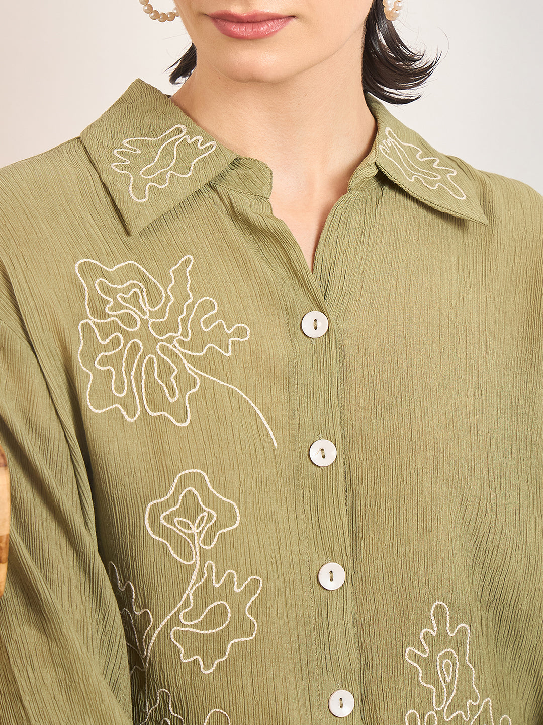 Olive Viscose Shirt with Contrast Thread Embroidery