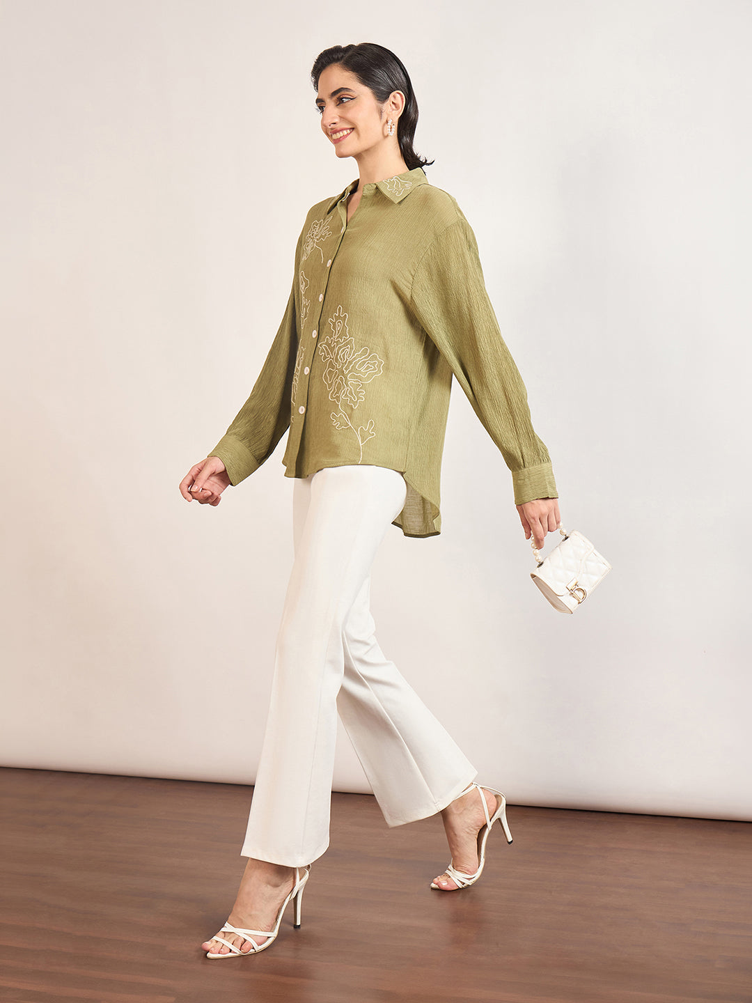 Olive Viscose Shirt with Contrast Thread Embroidery