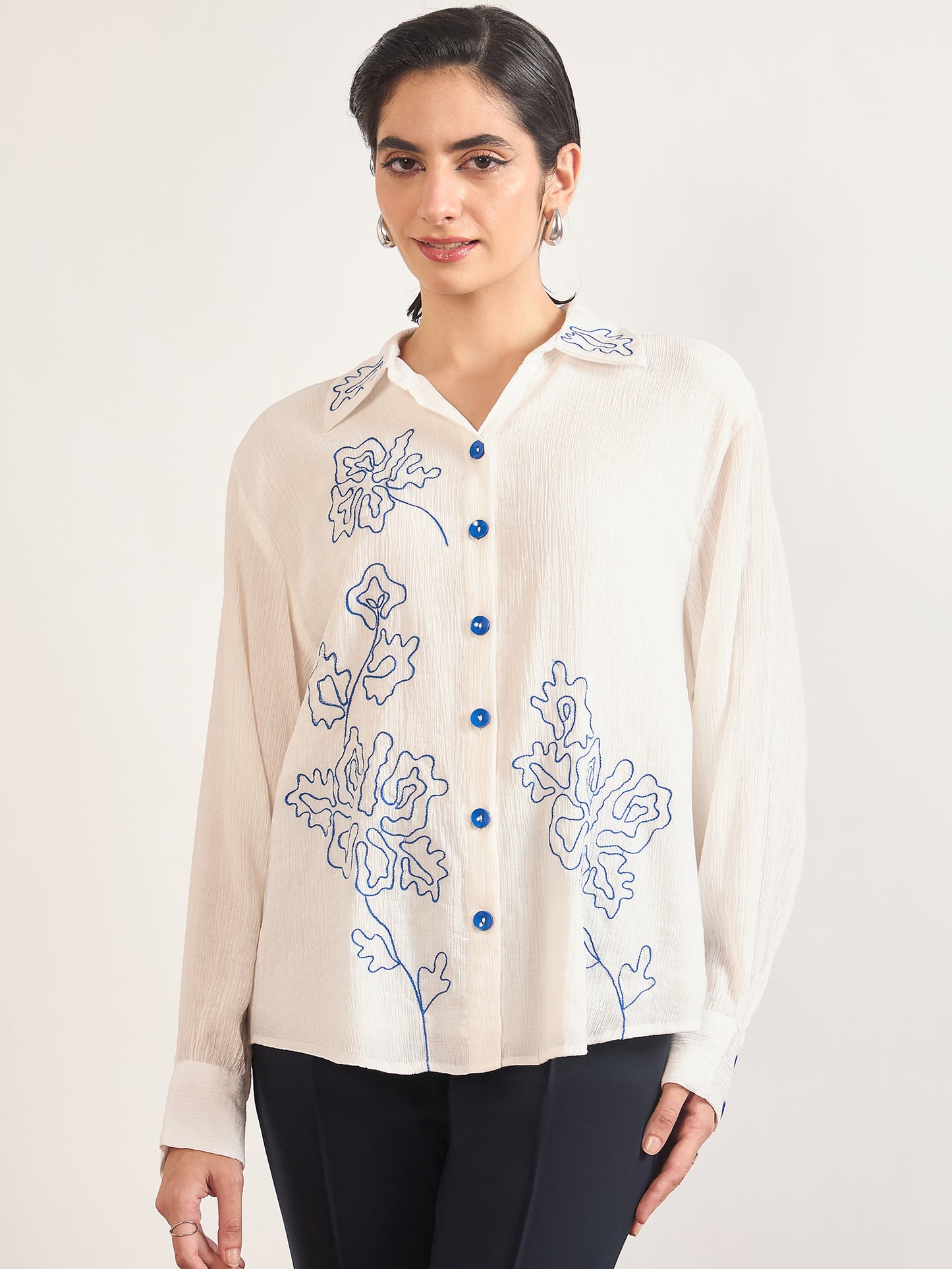 White Viscose Embroidery Cuffed Sleeves Shirt