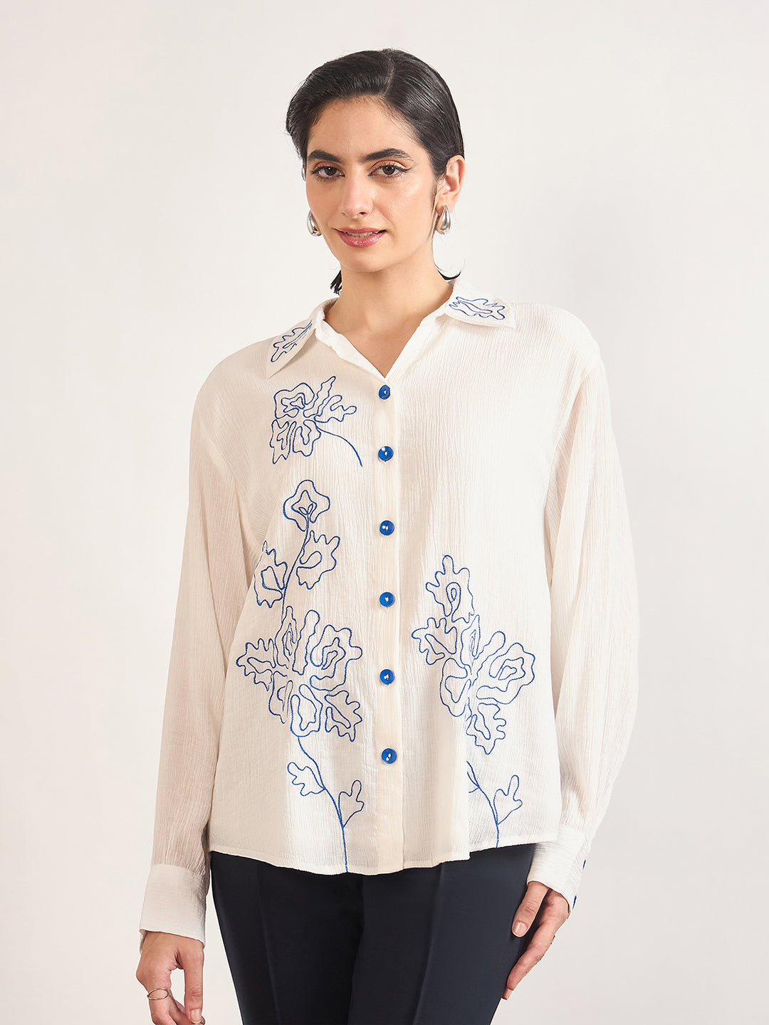 White Viscose Embroidery Cuffed Sleeves Shirt