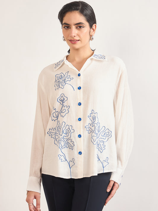White Viscose Embroidery Cuffed Sleeves Shirt
