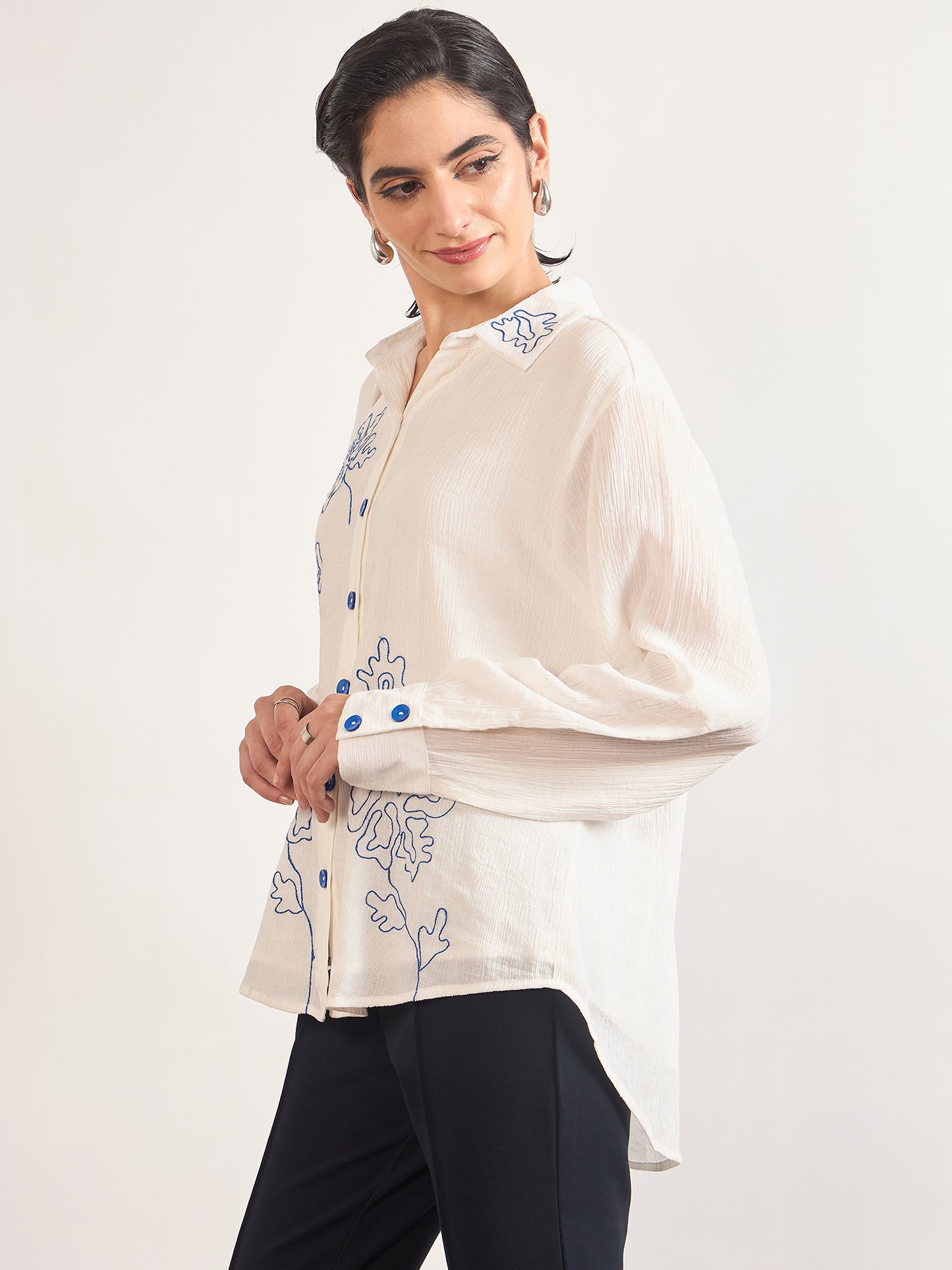 White Viscose Embroidery Cuffed Sleeves Shirt