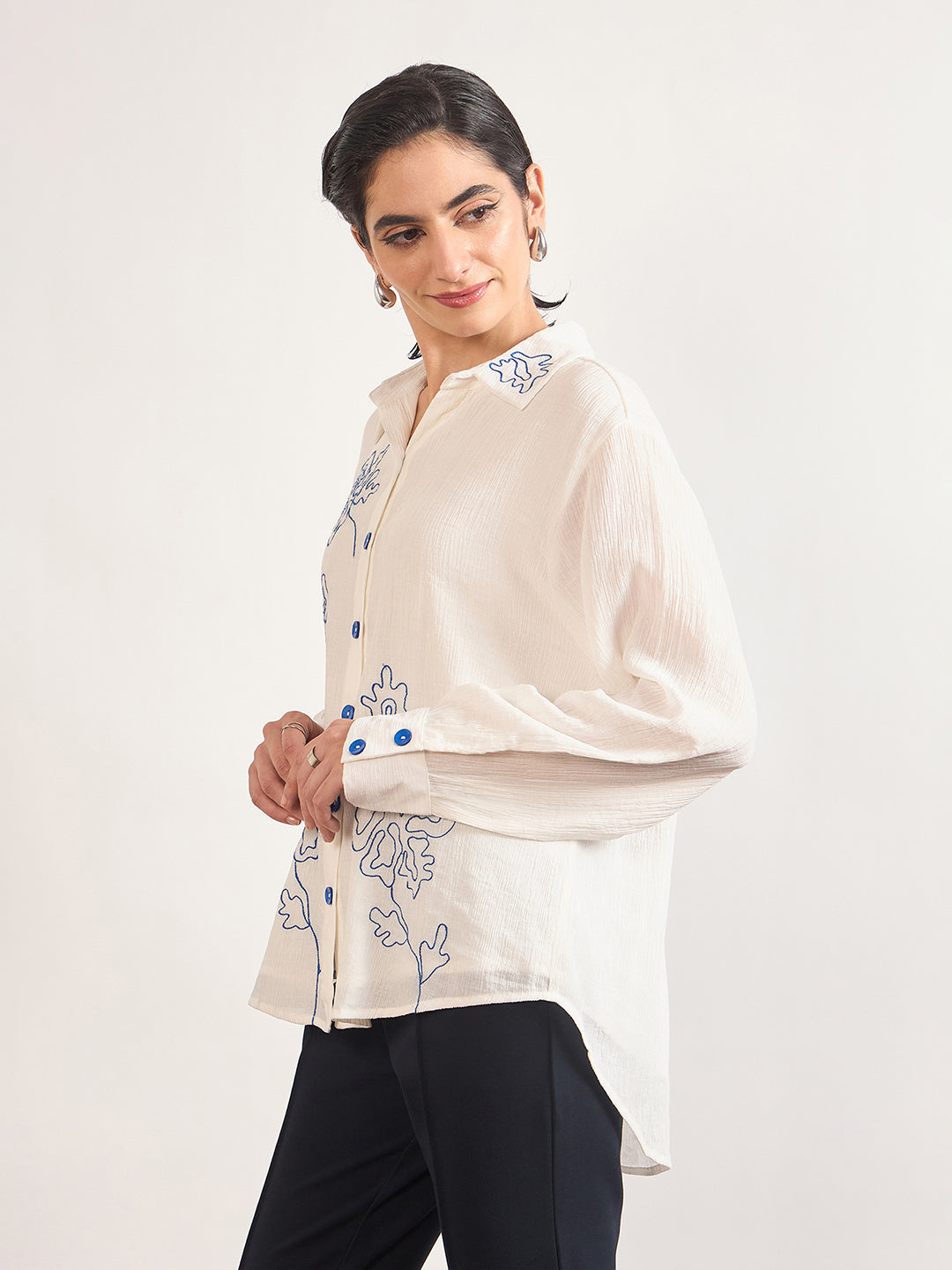 White Viscose Embroidery Cuffed Sleeves Shirt