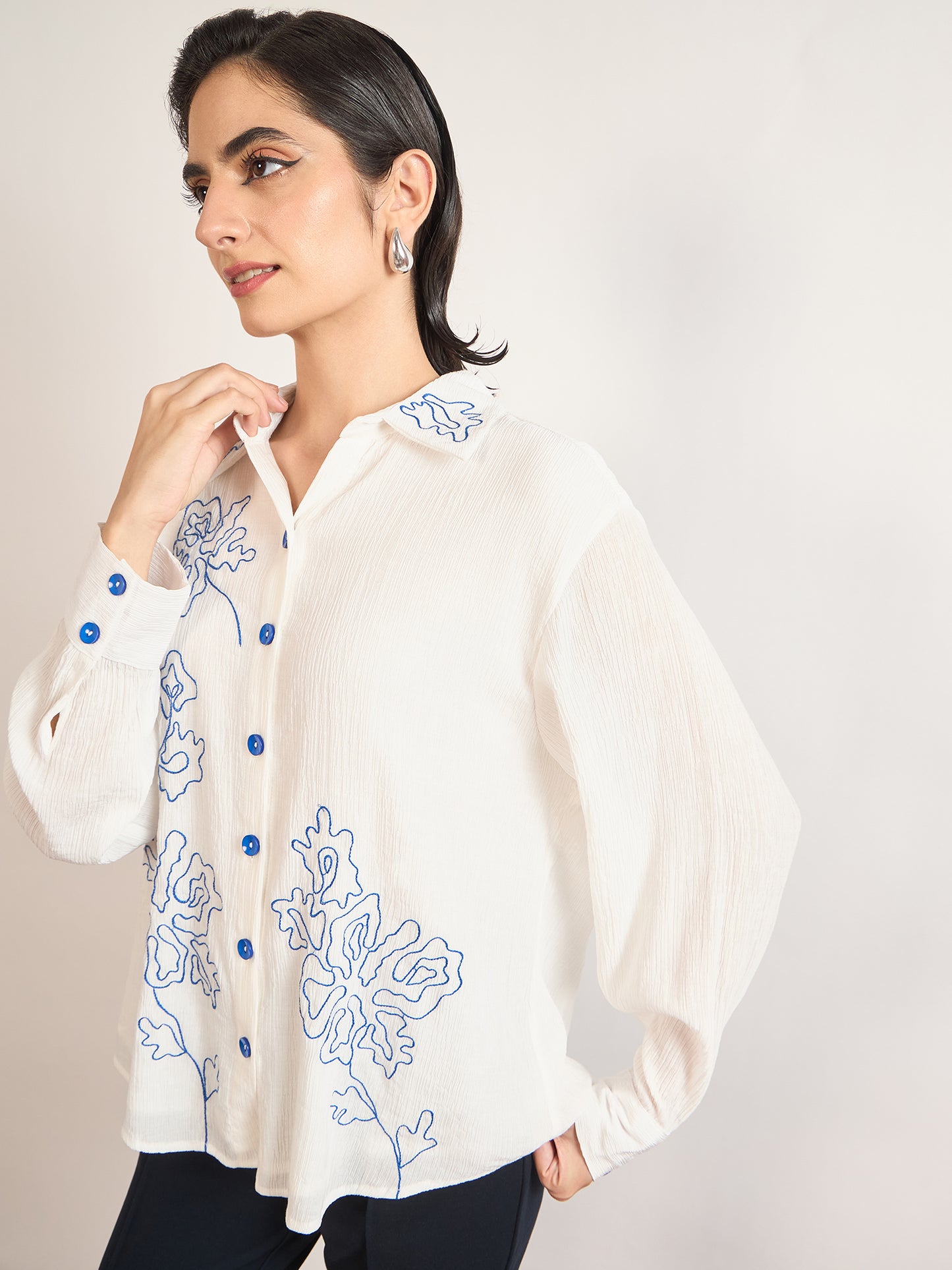 White Viscose Embroidery Cuffed Sleeves Shirt