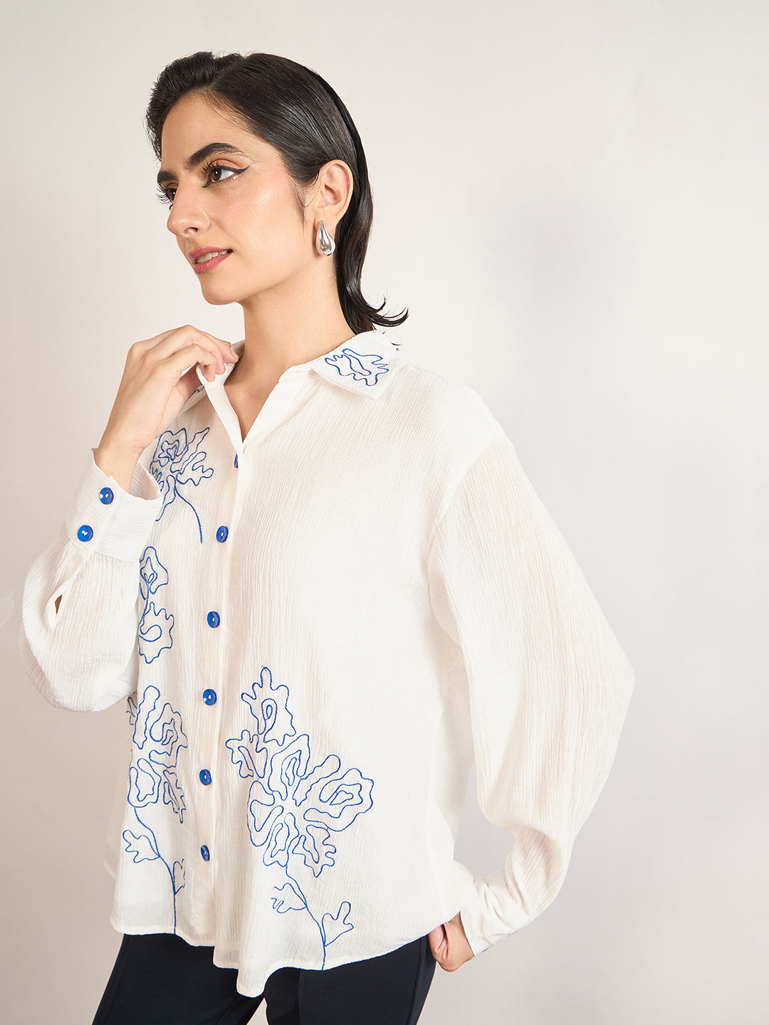 White Viscose Embroidery Cuffed Sleeves Shirt