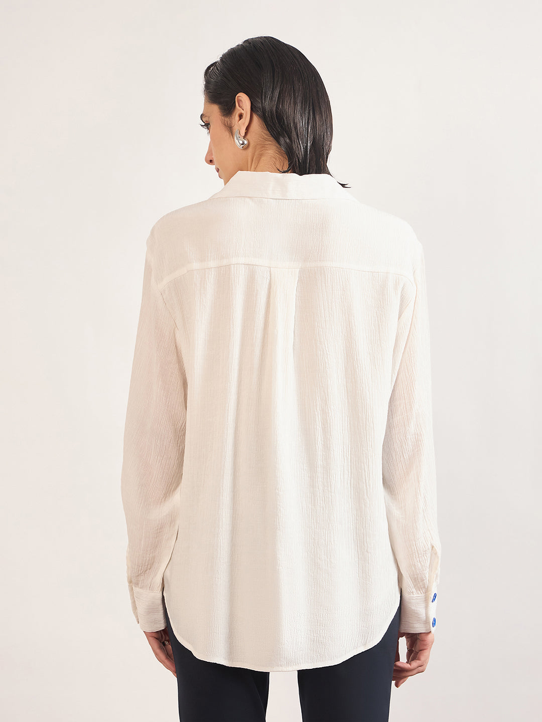 White Viscose Embroidery Cuffed Sleeves Shirt