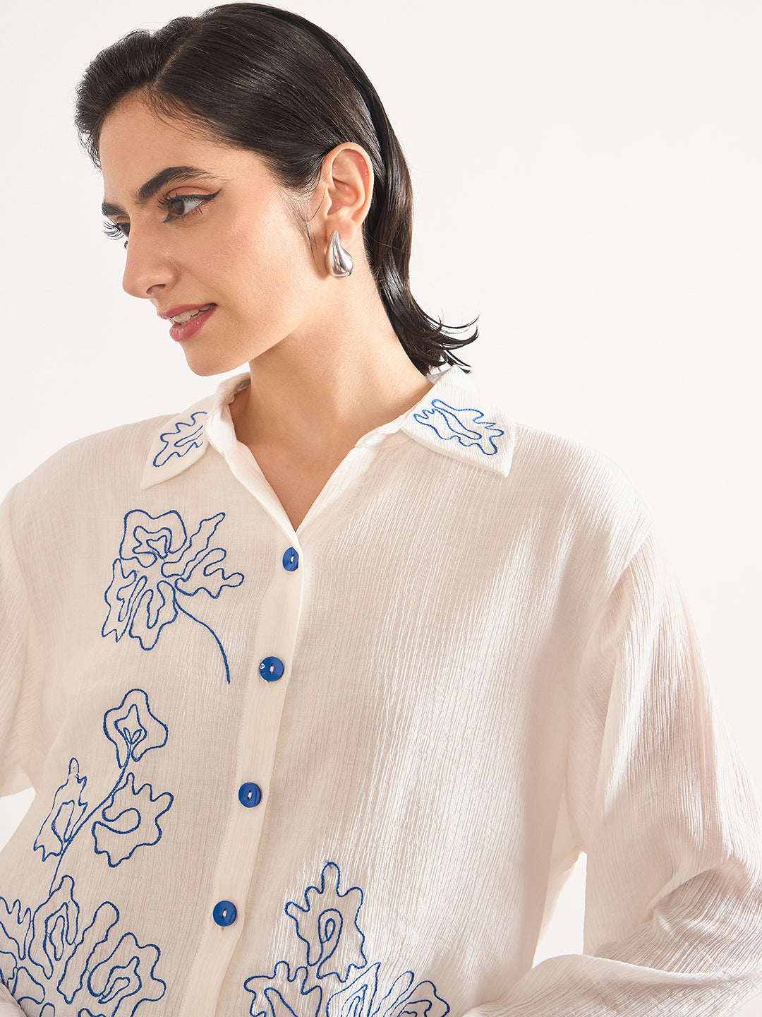 White Viscose Embroidery Cuffed Sleeves Shirt