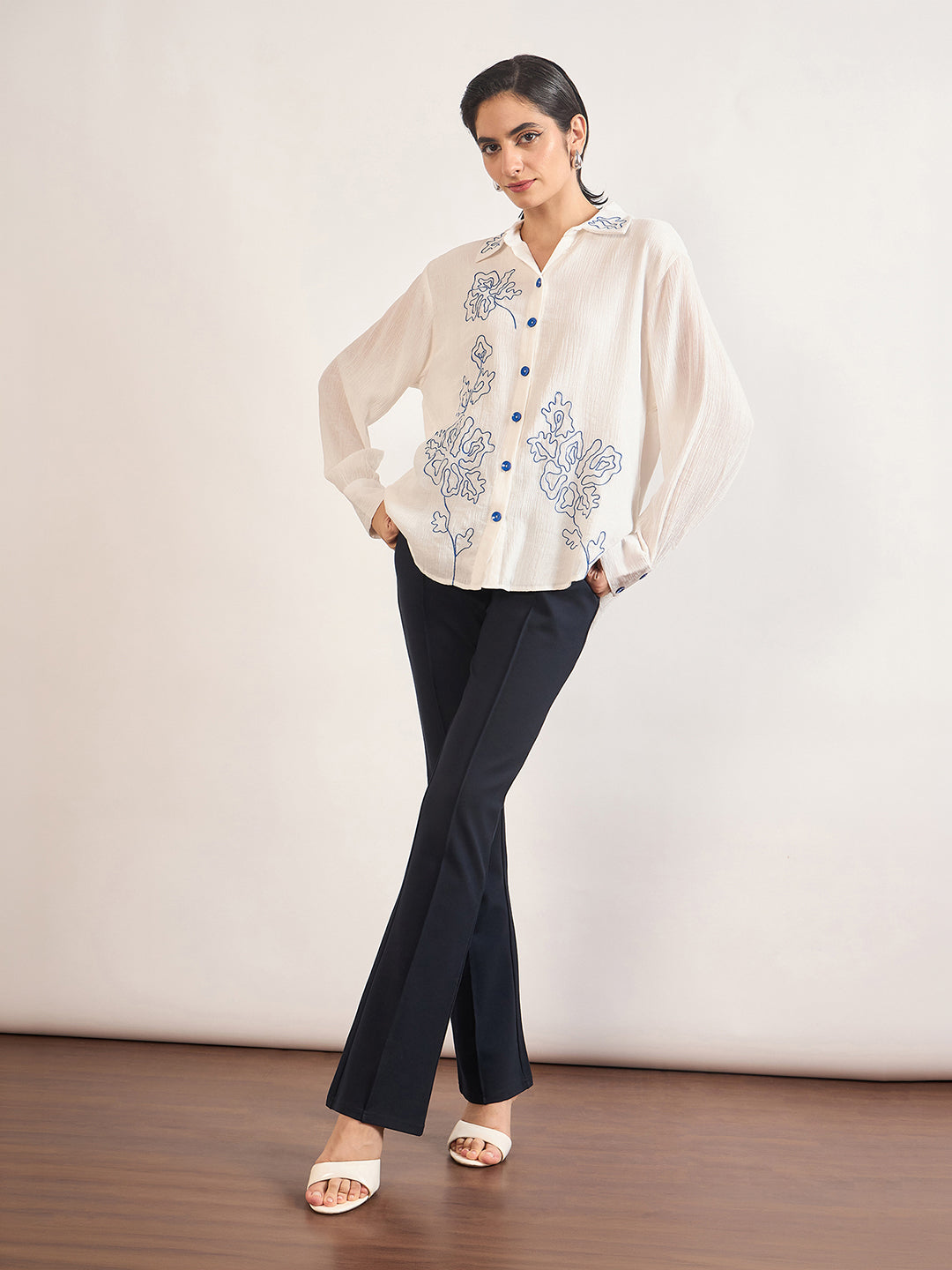 White Viscose Embroidery Cuffed Sleeves Shirt