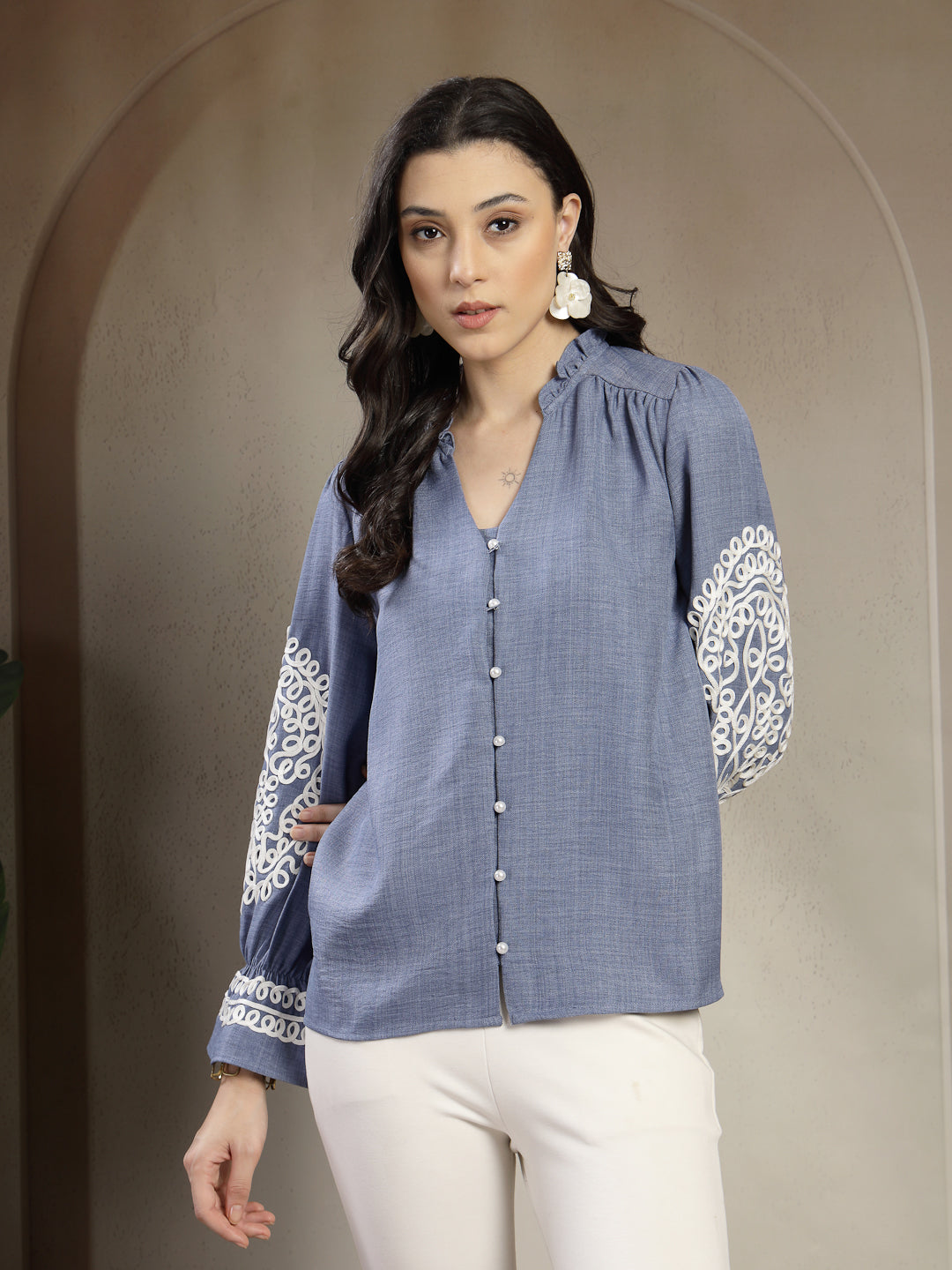 Gipsy Blue A-Line Top with Embroidered Long Flounce Sleeves and Smart Button Detailing
