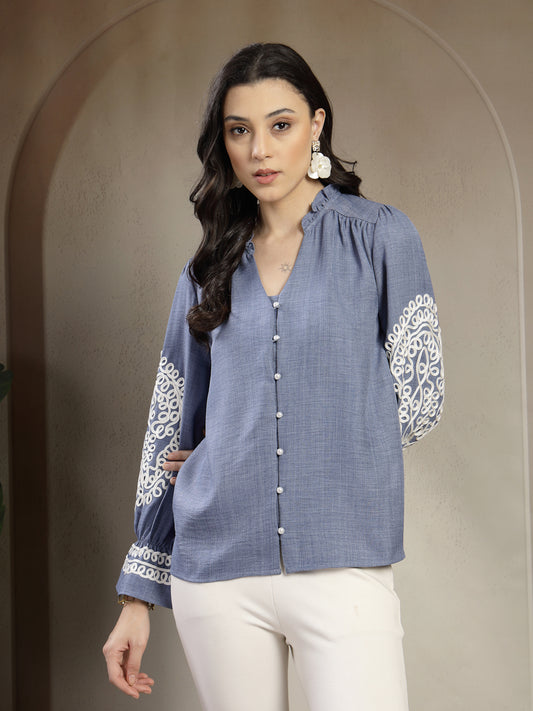 Gipsy Blue A-Line Top with Embroidery Long Flounce Sleeves and Smart Button Detailing