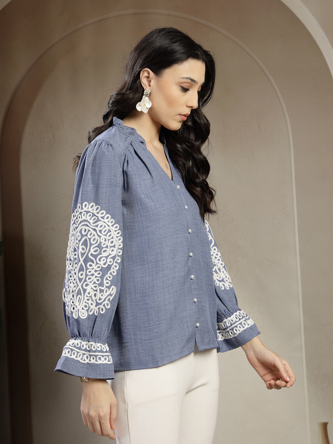 Gipsy Blue A-Line Top with Embroidered Long Flounce Sleeves and Smart Button Detailing