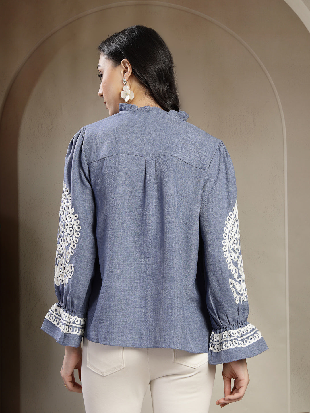 Gipsy Blue A-Line Top with Embroidery Long Flounce Sleeves and Smart Button Detailing