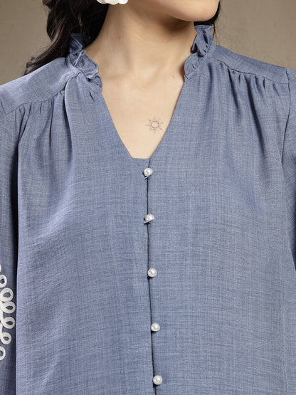Gipsy Blue A-Line Top with Embroidery Long Flounce Sleeves and Smart Button Detailing