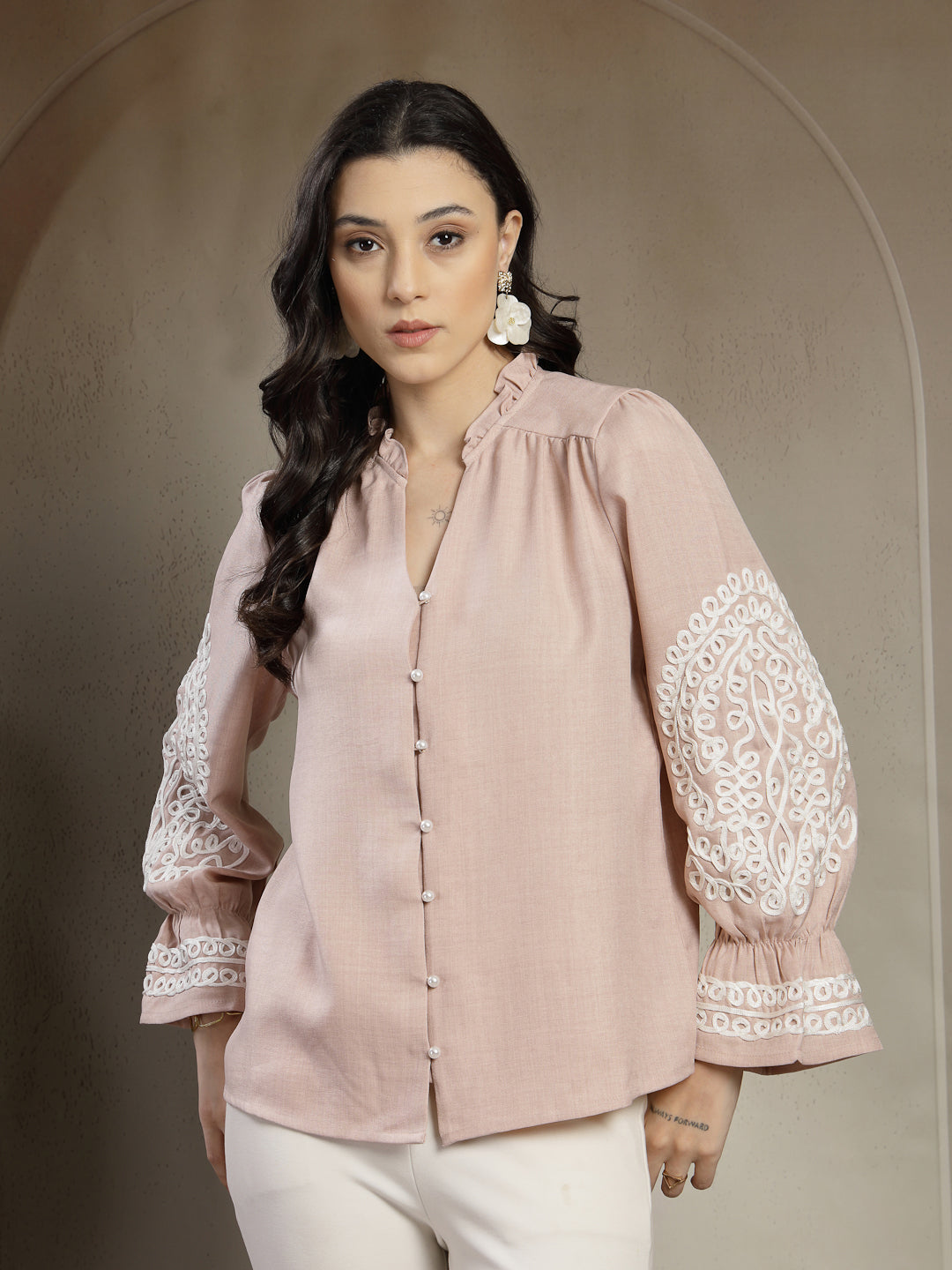 Gipsy Beige A-Line Top with Embroidery Long Flounce Sleeves and Smart Button Detailing