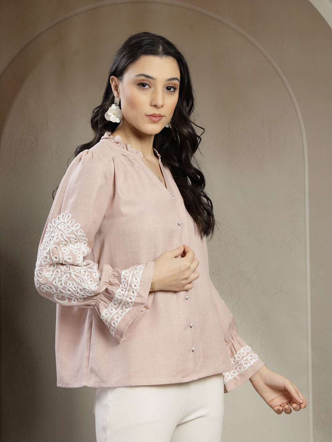 Gipsy Beige A-Line Top with Embroidered Long Flounce Sleeves and Smart Button Detailing