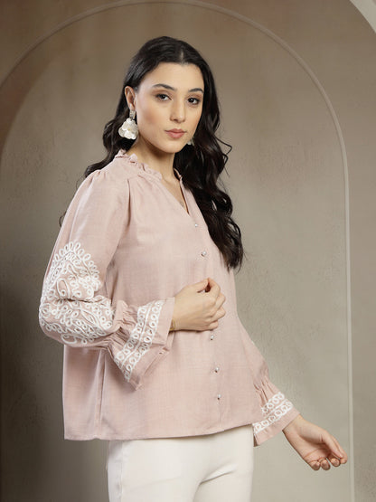 Gipsy Beige A-Line Top with Embroidery Long Flounce Sleeves and Smart Button Detailing