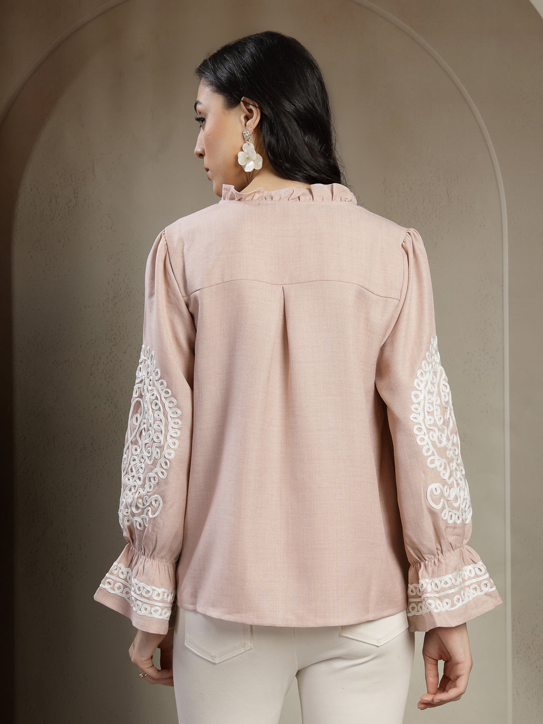 Gipsy Beige A-Line Top with Embroidered Long Flounce Sleeves and Smart Button Detailing