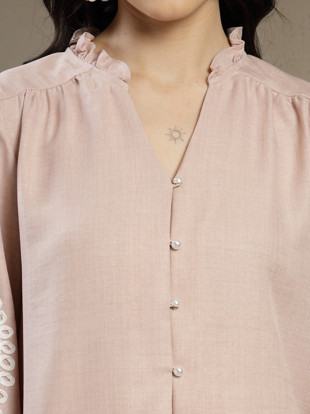Gipsy Beige A-Line Top with Embroidered Long Flounce Sleeves and Smart Button Detailing