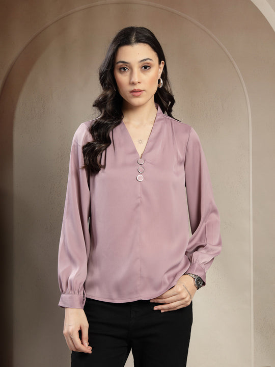 Chiq & Elegant Gipsy Lilac Satin V-Neck Tunic