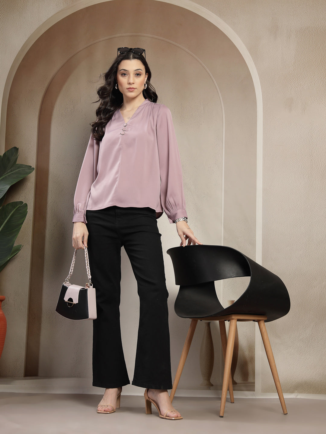 Chiq & Elegant Gipsy Lilac Satin V-Neck Tunic