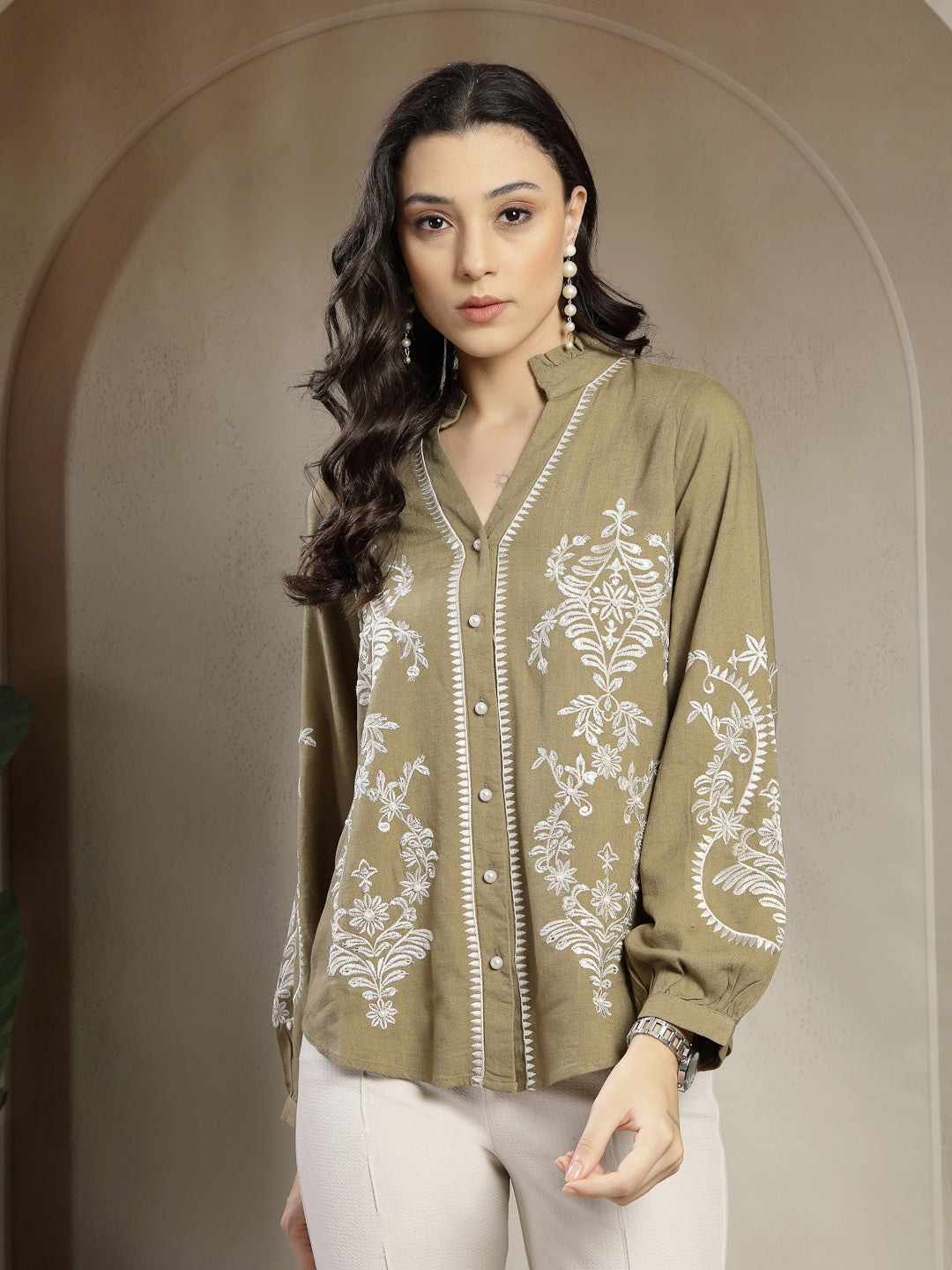Gipsy Olive Embroidery Linen & Viscose Tunic with Mandarin Collar