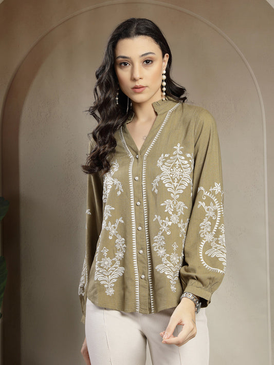 Gipsy Olive Embroidery Linen & Viscose Tunic with Mandarin Collar