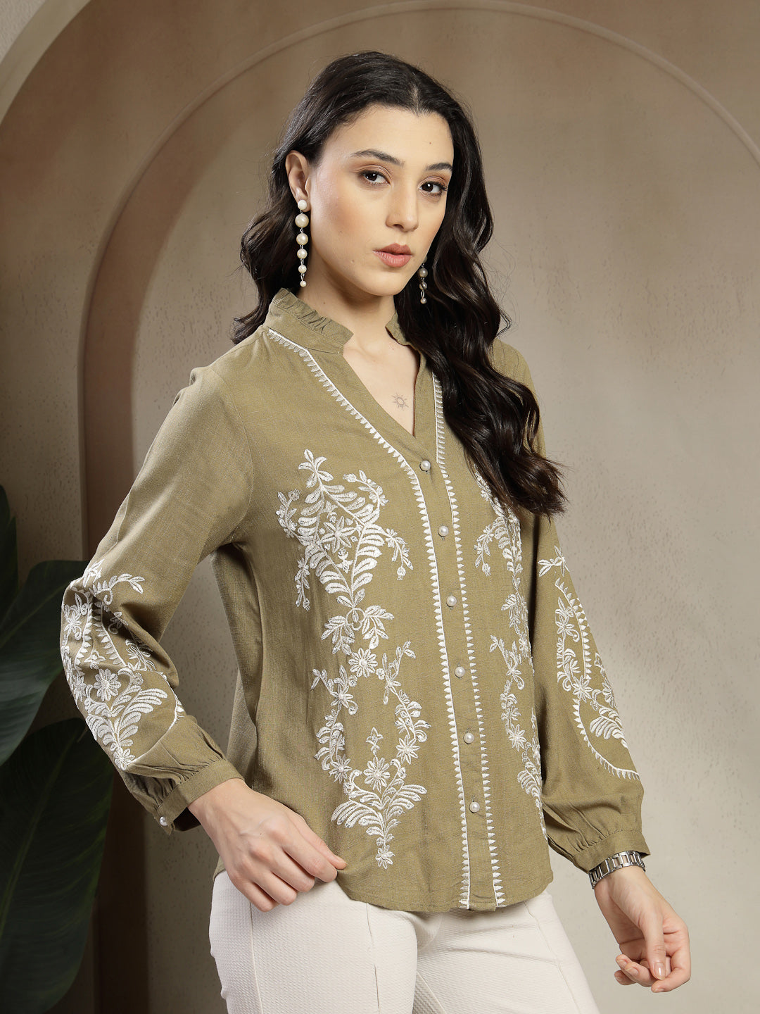 Gipsy Olive Embroidery Linen & Viscose Tunic with Mandarin Collar