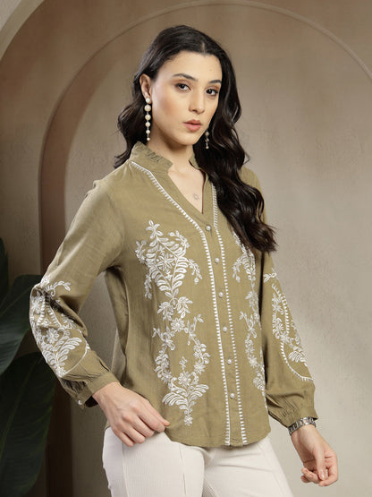 Gipsy Olive Embroidery Linen & Viscose Tunic with Mandarin Collar