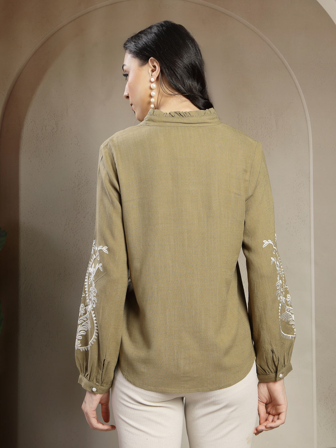 Gipsy Olive Embroidery Linen & Viscose Tunic with Mandarin Collar