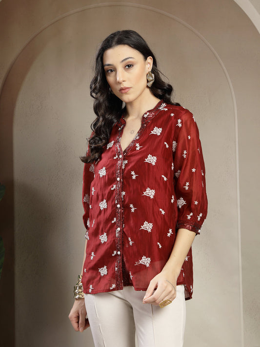 Chiq & Elegant Gipsy Maroon Rayon V-Neck Tunic