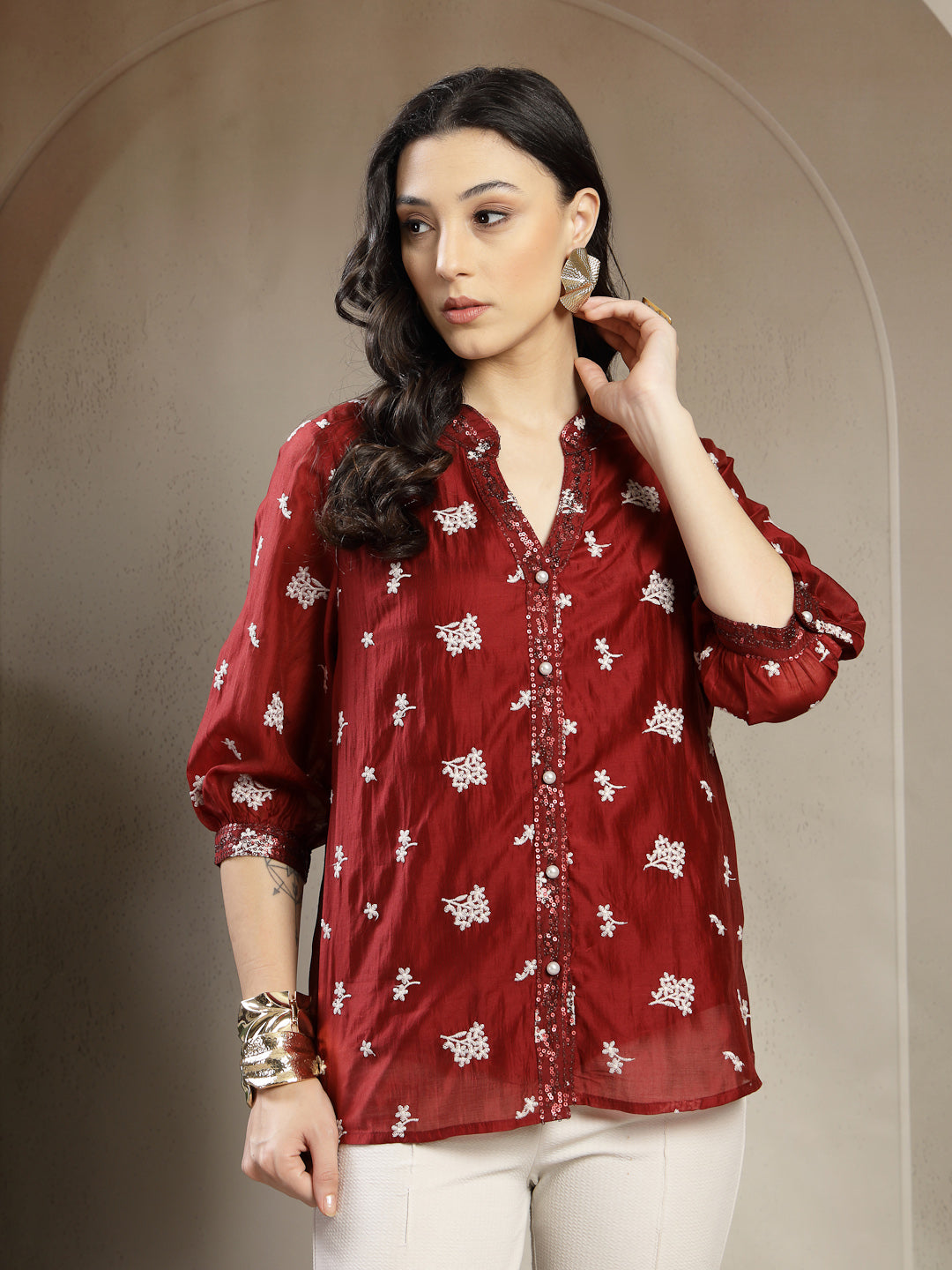 Chiq & Elegant Gipsy Maroon Rayon V-Neck Tunic