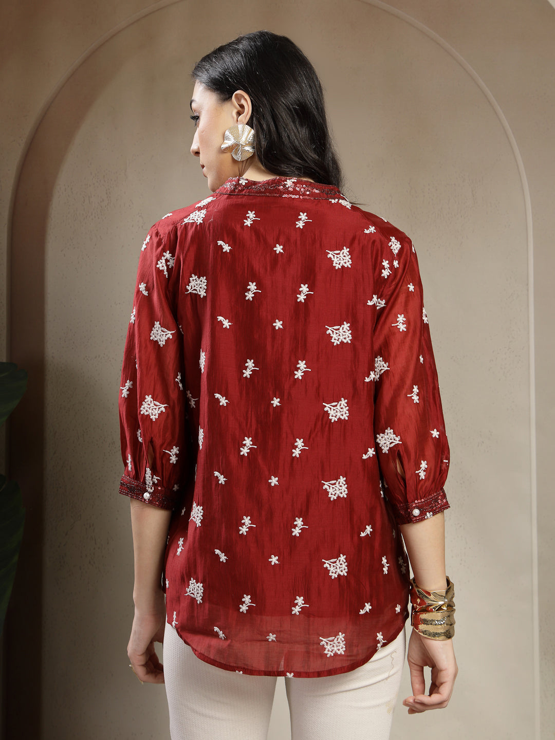 Chiq & Elegant Gipsy Maroon Rayon V-Neck Tunic