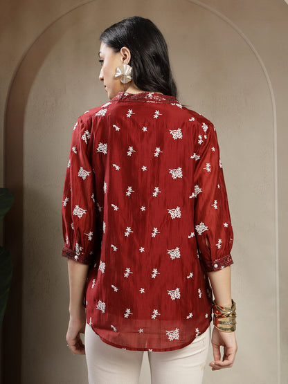 Chiq & Elegant Gipsy Maroon Rayon V-Neck Tunic