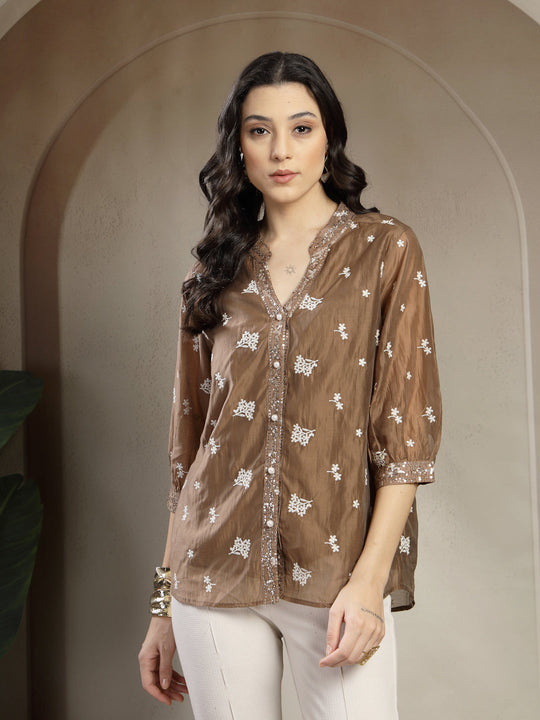 Chiq & Elegant Gipsy Tan Rayon V-Neck Tunic