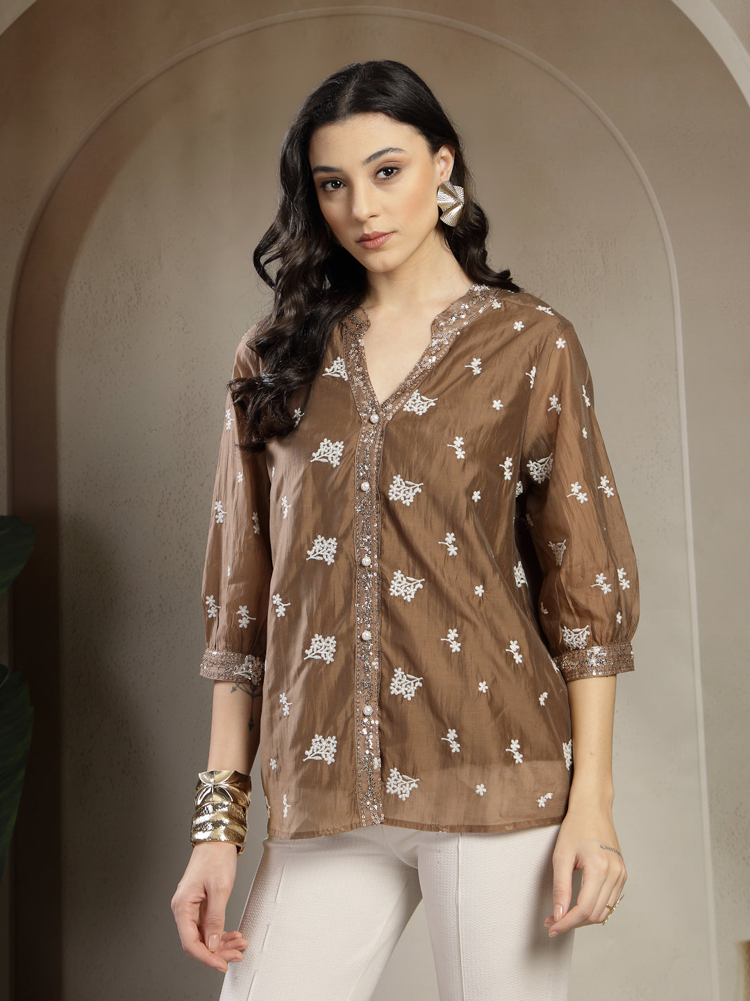Chiq & Elegant Gipsy Tan Rayon V-Neck Tunic