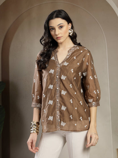 Chiq & Elegant Gipsy Tan Rayon V-Neck Tunic