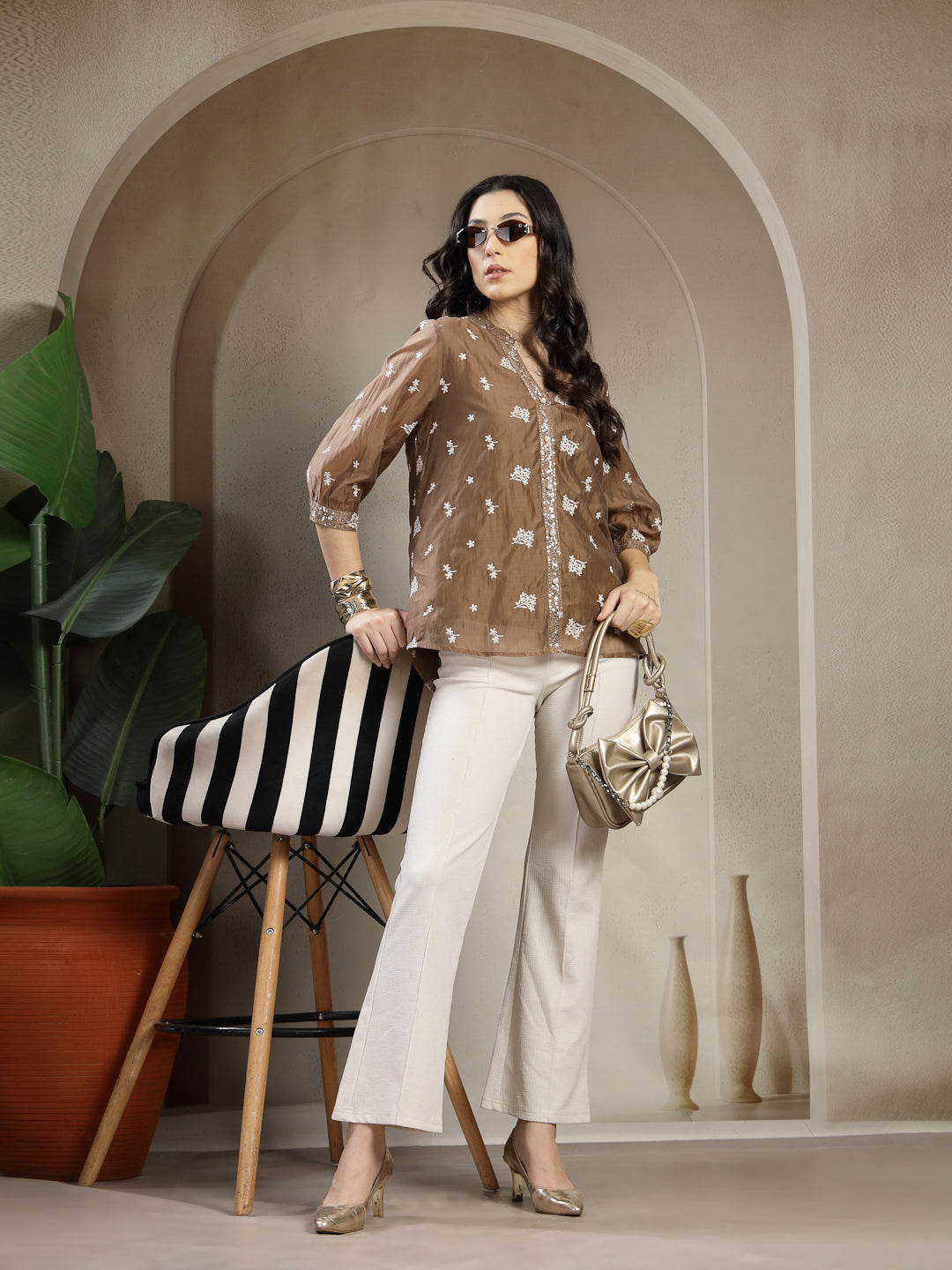 Chiq & Elegant Gipsy Tan Rayon V-Neck Tunic