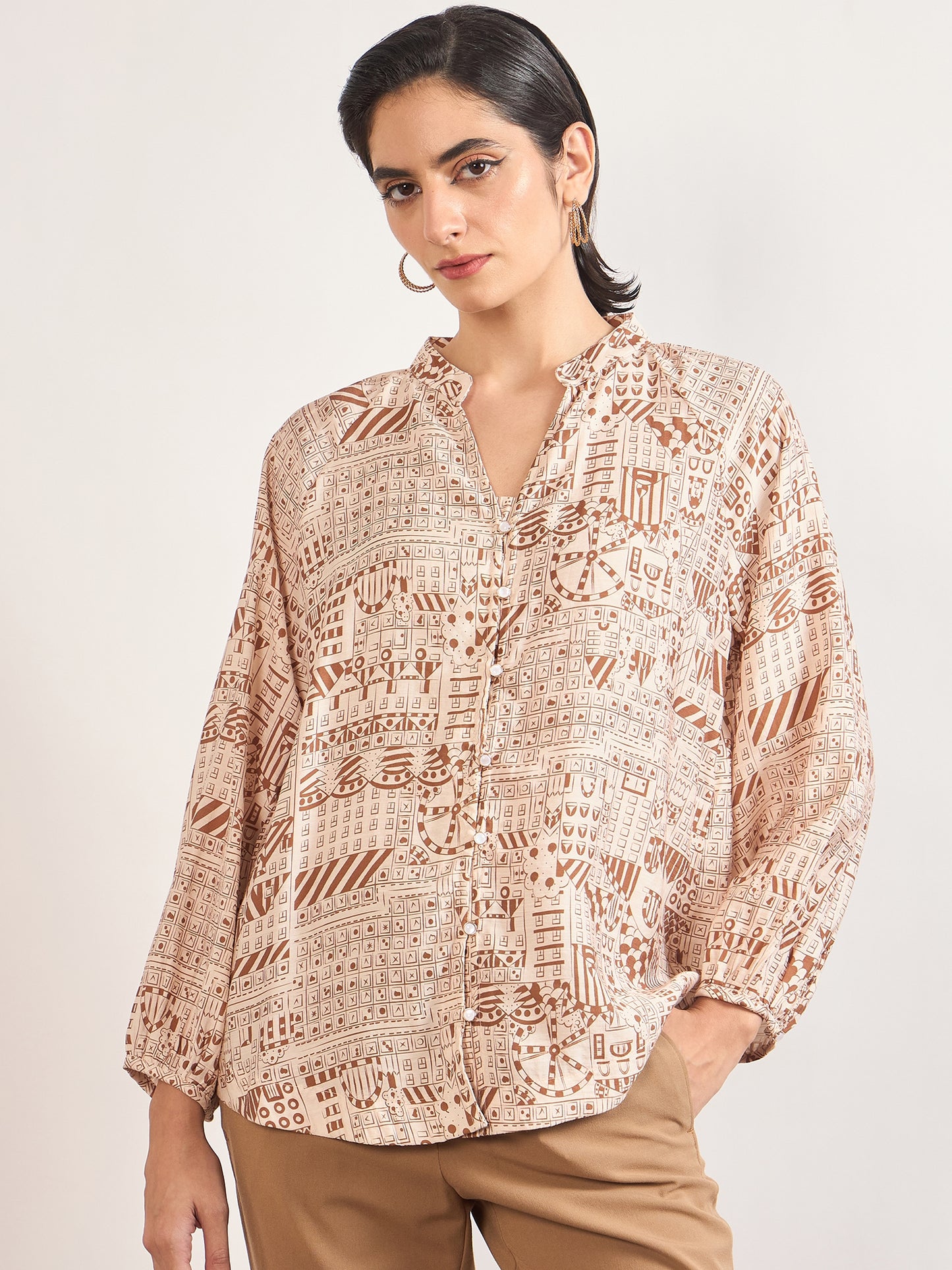 Beige Rayon Abstract Printed Tunic
