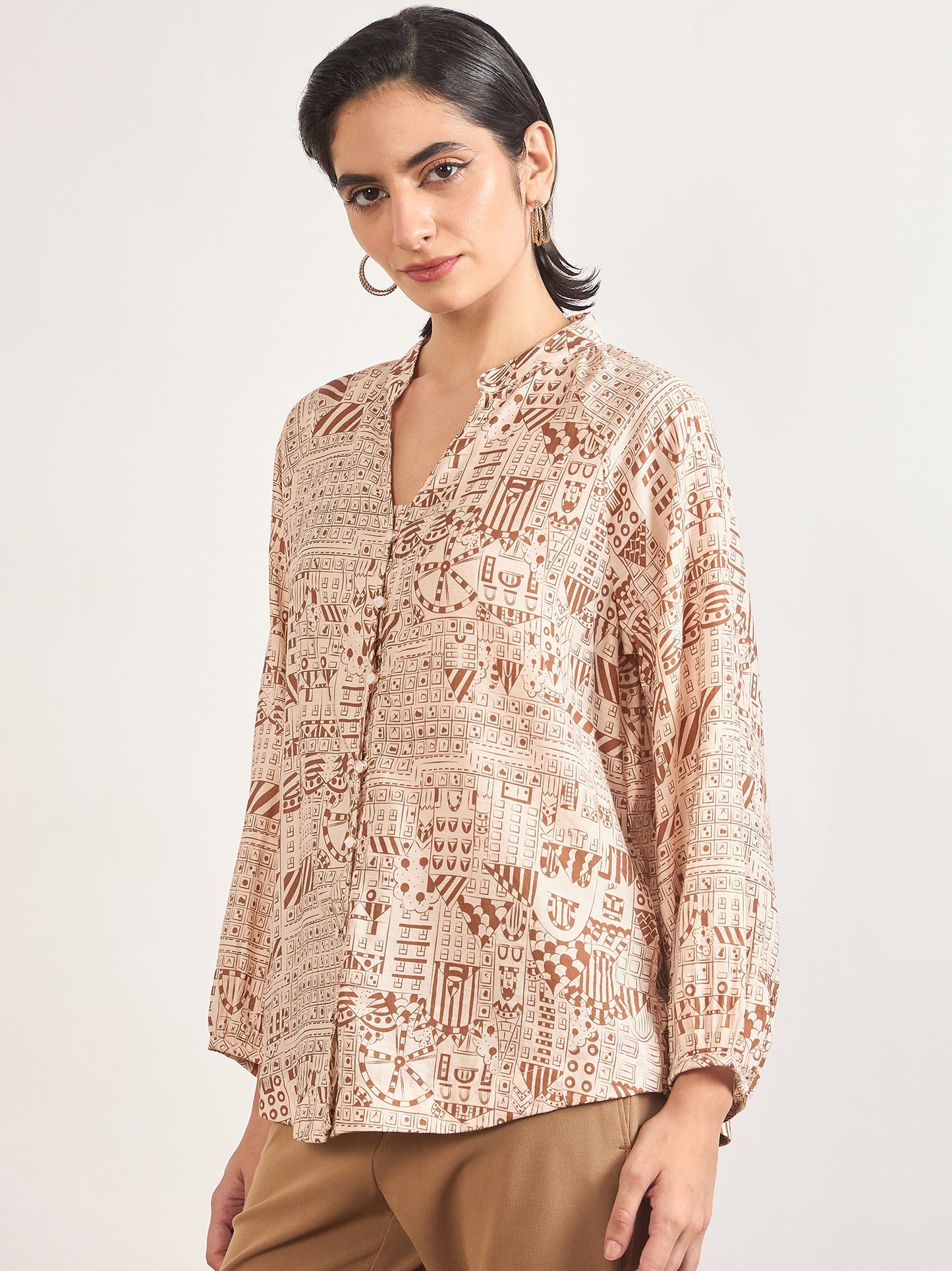 Beige Rayon Abstract Printed Tunic