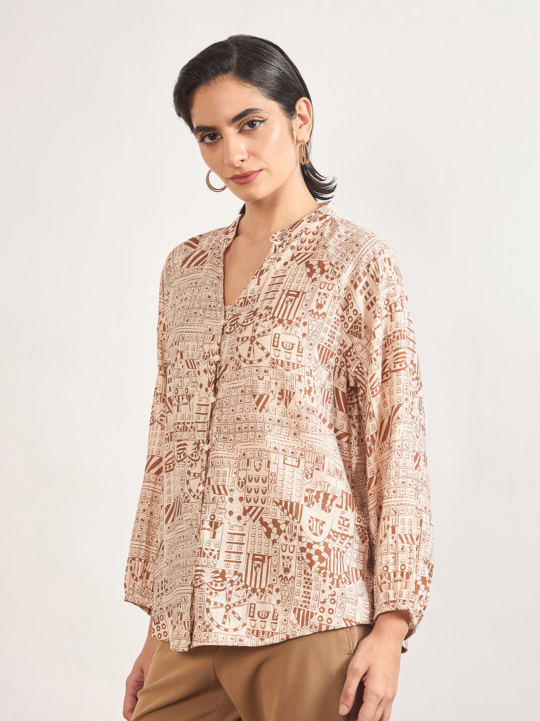 Beige Rayon Abstract Printed Tunic