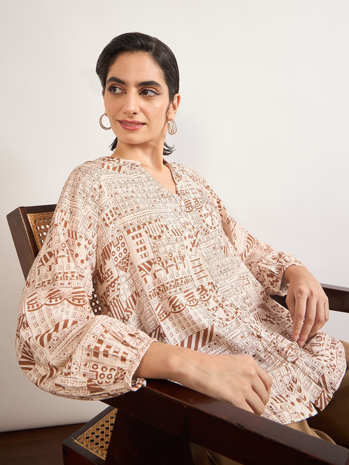 Beige Rayon Abstract Printed Tunic