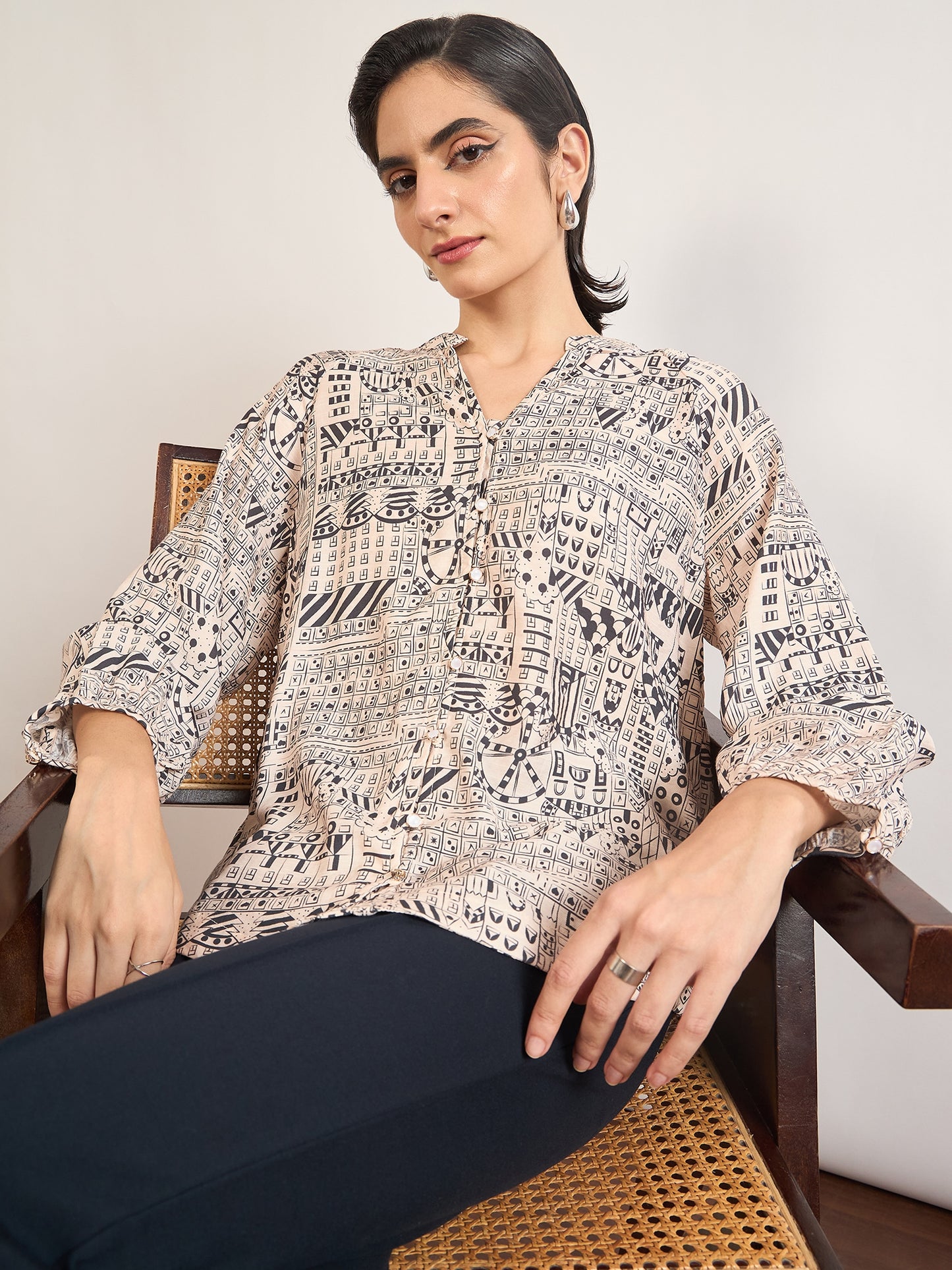 Black Rayon Abstract Printed Tunic