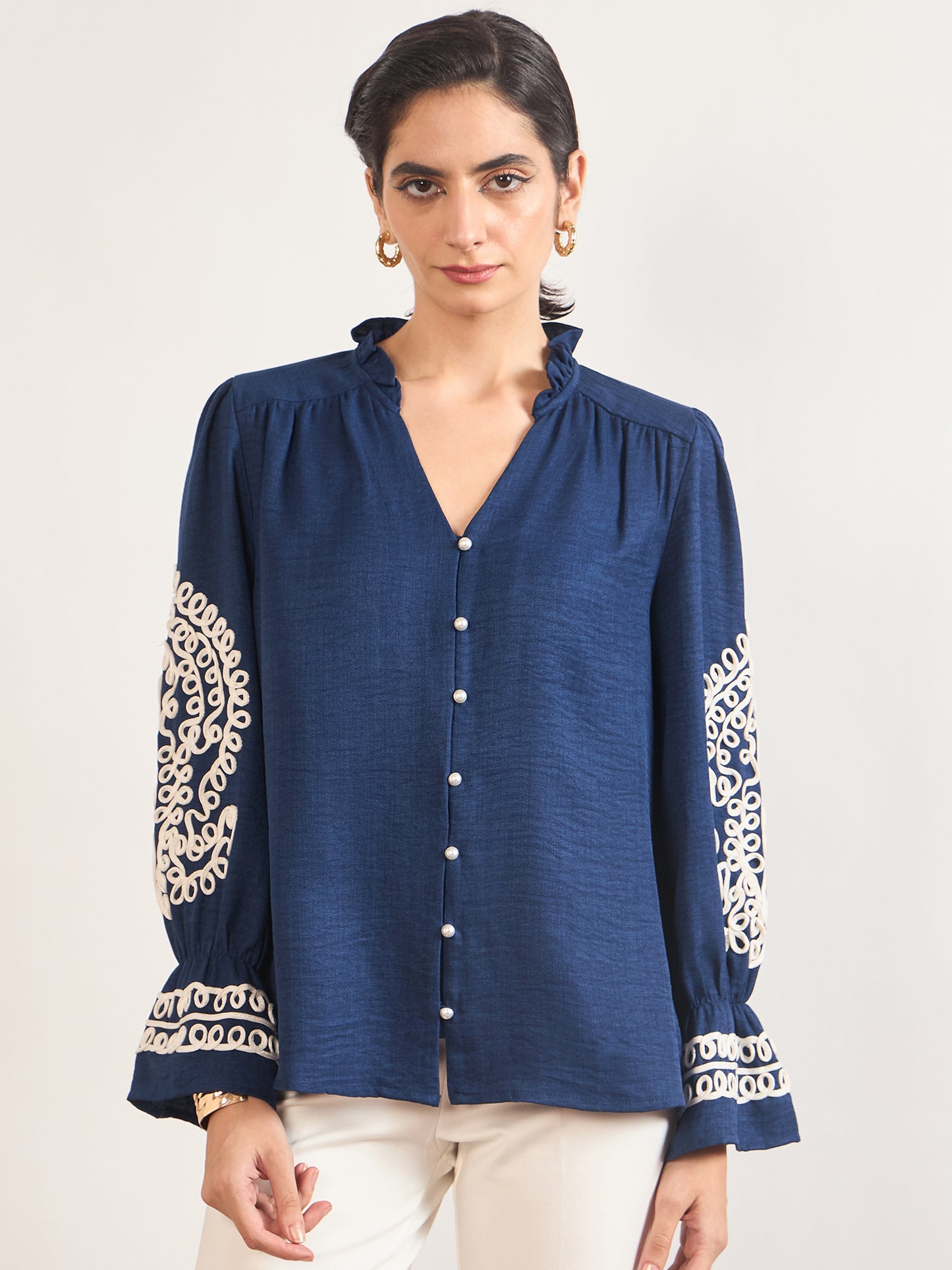 Navy Melange Cotton Tunic with Paisley Embroidered Sleeves
