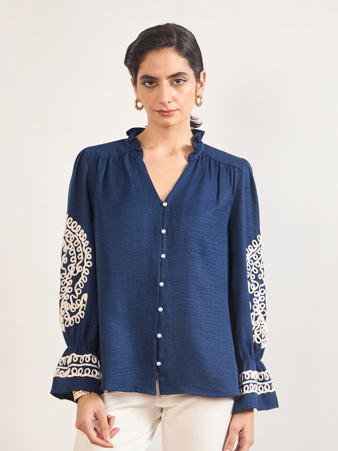Navy Melange Cotton Tunic with Paisley Embroidered Sleeves