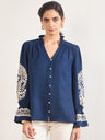 Navy Melange Cotton Tunic with Paisley Embroidered Sleeves