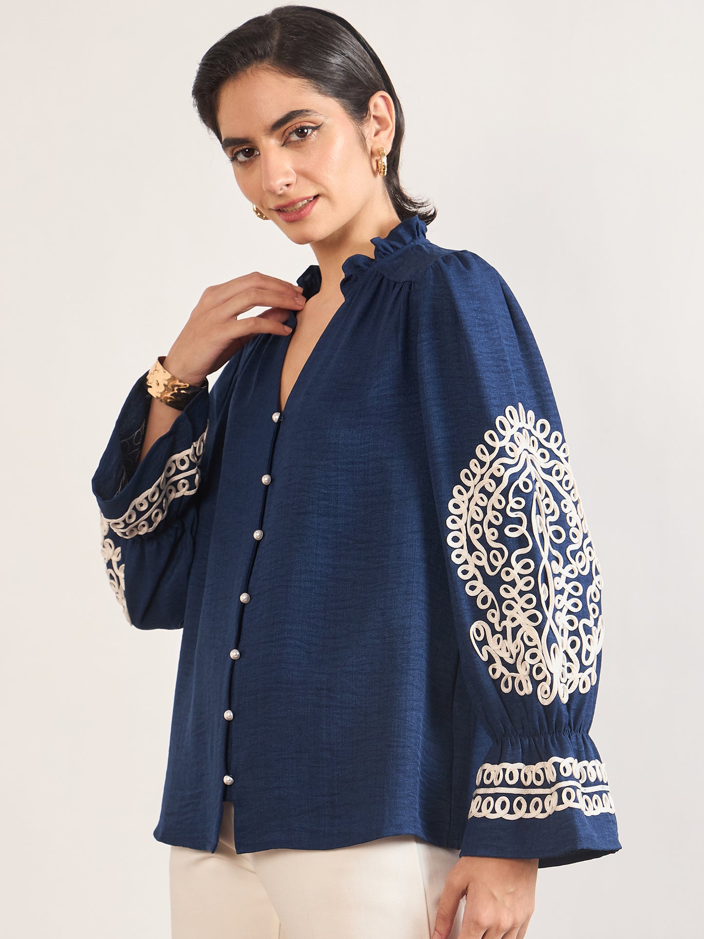 Navy Melange Cotton Tunic with Paisley Embroidered Sleeves