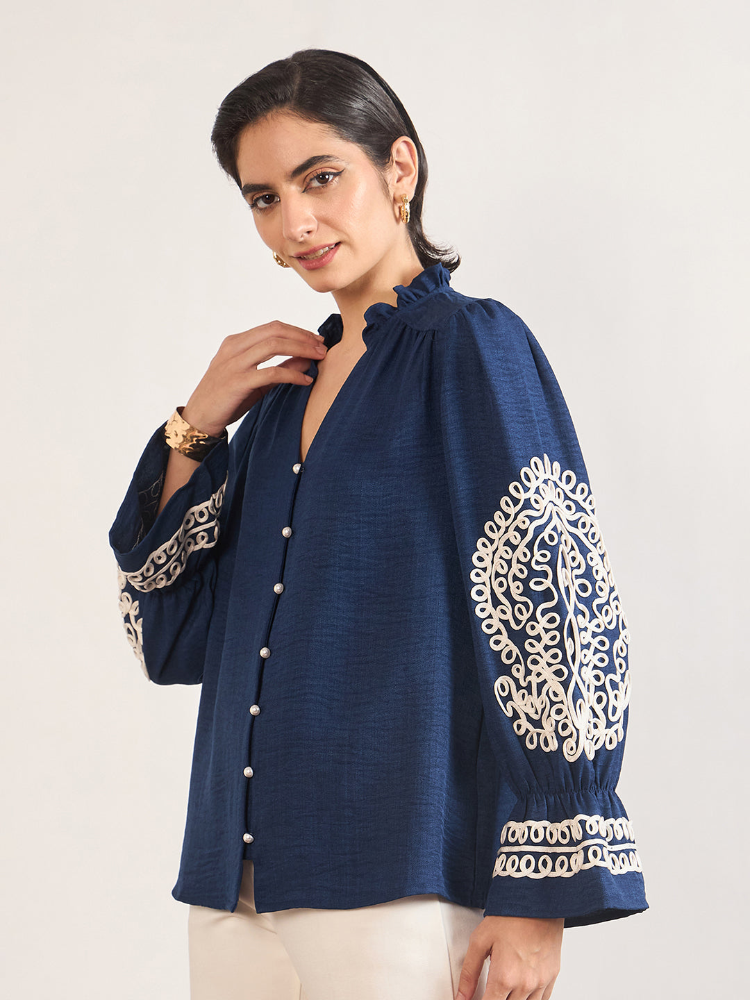 Navy Melange Cotton Tunic with Paisley Embroidered Sleeves