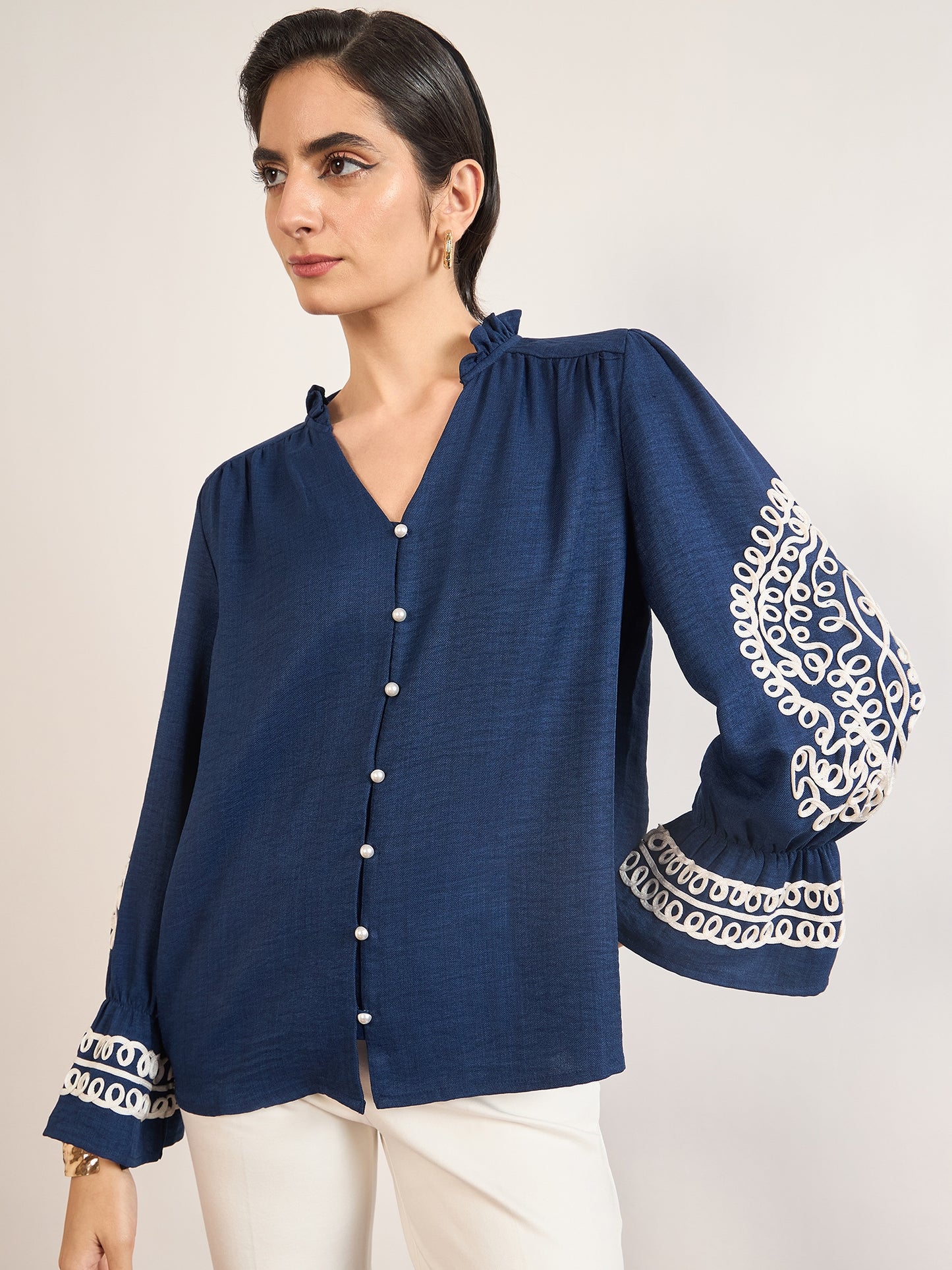 Navy Melange Cotton Tunic with Paisley Embroidered Sleeves