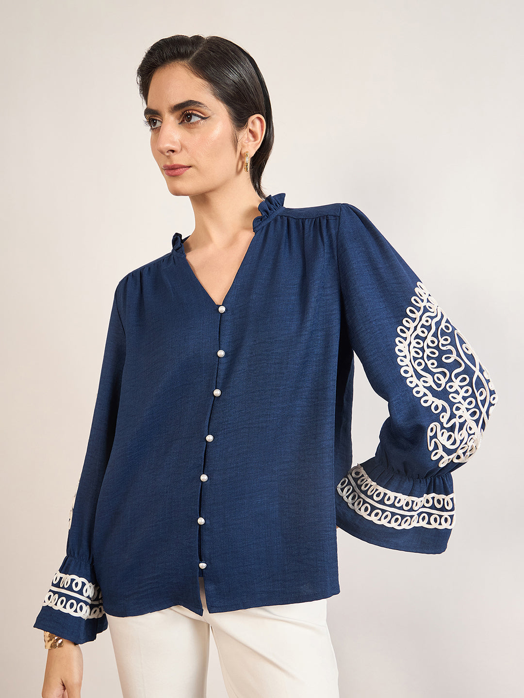 Navy Melange Cotton Tunic with Paisley Embroidered Sleeves