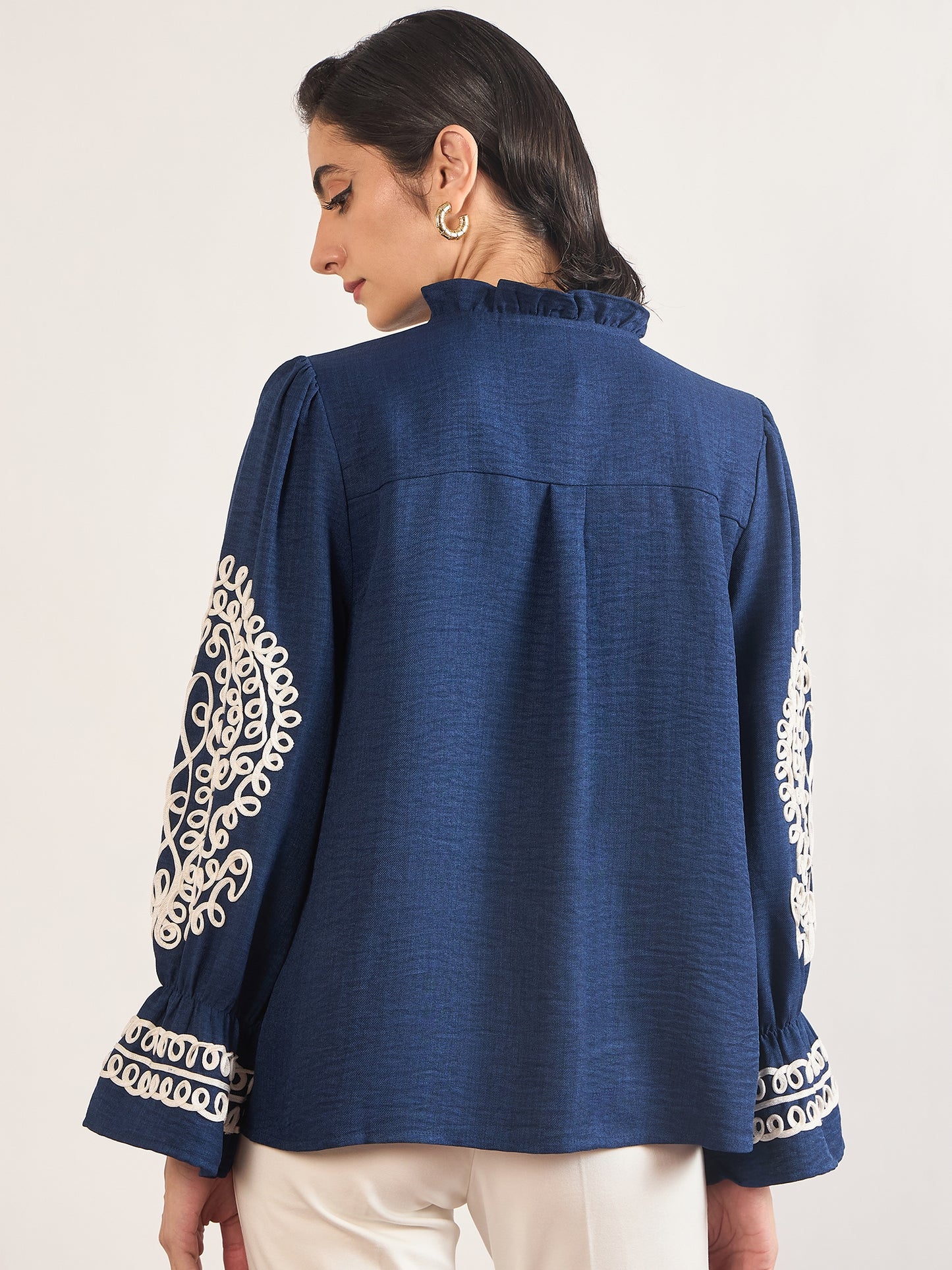 Navy Melange Cotton Tunic with Paisley Embroidered Sleeves